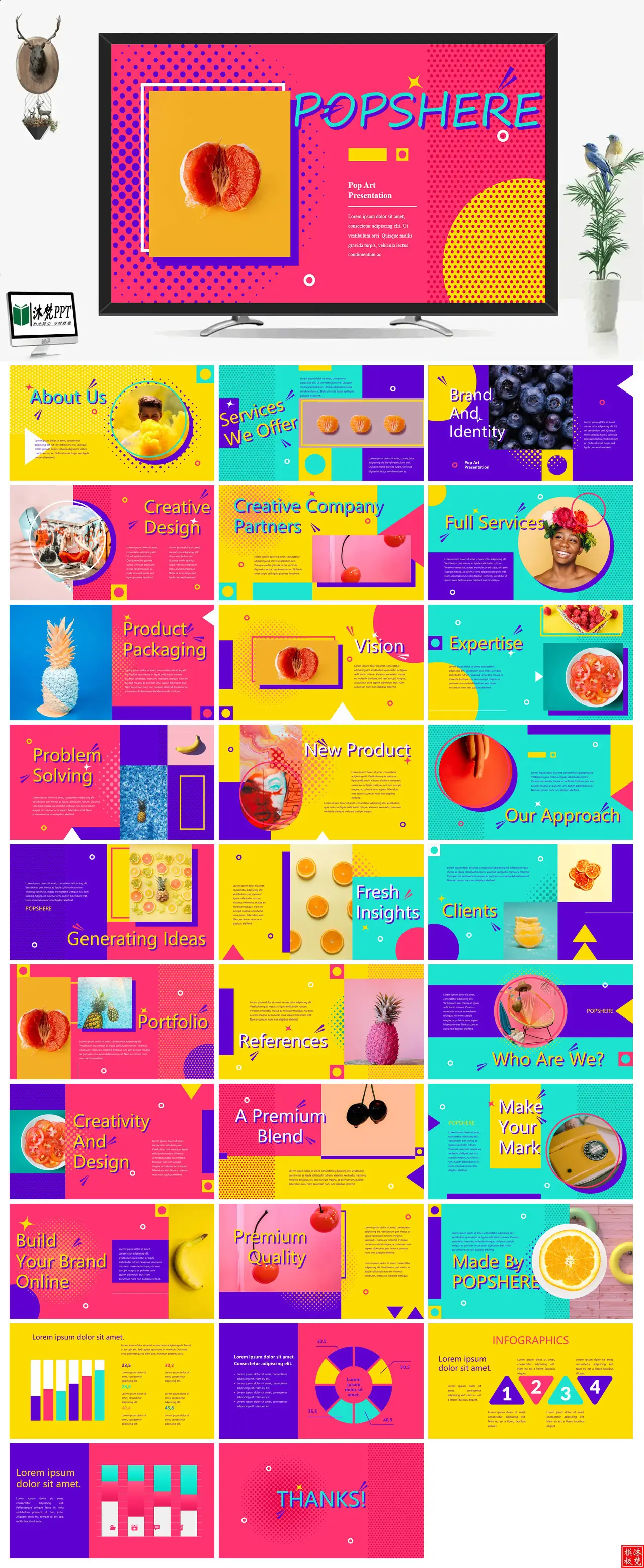 【0576】创意风活泼色彩系列英文缤纷水果介绍商品展示商业外贸PPT模板